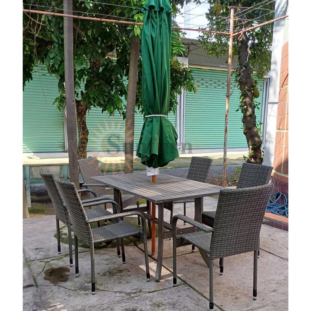 Combo Bàn Ghế Nhà Hàng Ngoài Trời BVF26300 SUNFURN (1 Bàn Gỗ Cố Định 150cm + 6 Ghế Stacking Xám Đan Dây + 1 Dù Gỗ 300cm) 